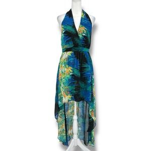 Bebe Women Halter Hi Low Dress S Tropical Floral Blue Green Chiffon Boho Resort